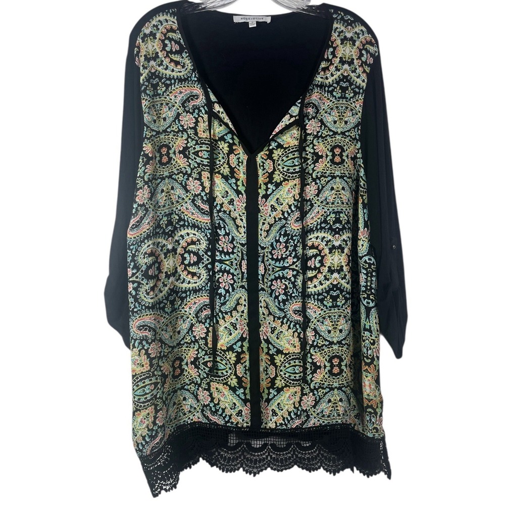 Rose + Olive Sz 1X Top Paisley‎ Multi Print Black 3/4 Sleeve Button Sheer Plus
